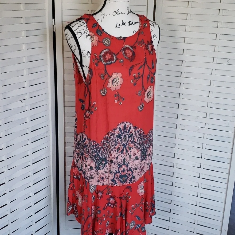 Free People intimately red floral backless tiared asimetric hem dress size S - Picture 1 of 6